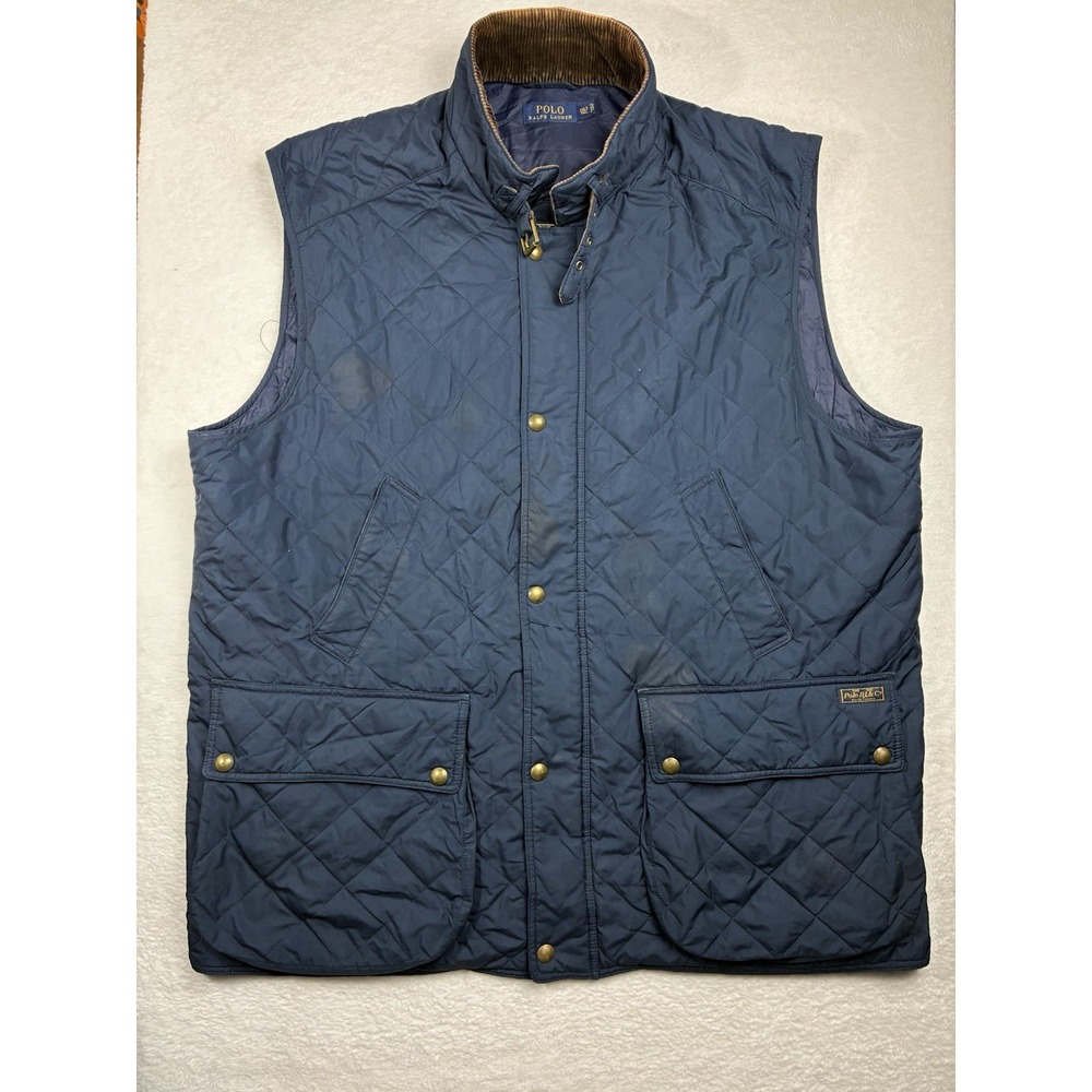 Polo Ralph Lauren Quilted Vest Mens 2XLT Snap Button Full Zip Buckle Neck Blue